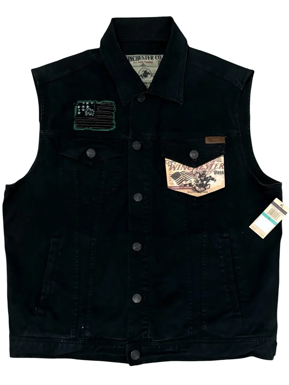 Winchester Co Black Jean Biker Vest Jacket Denim Size L Rare Unique-MSRP $78 New